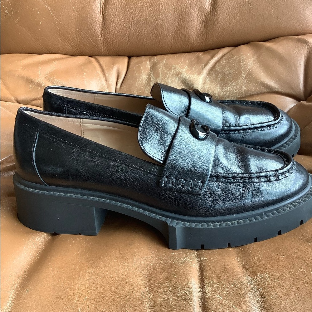 Coach Black Leather Lug-Sole Loafers